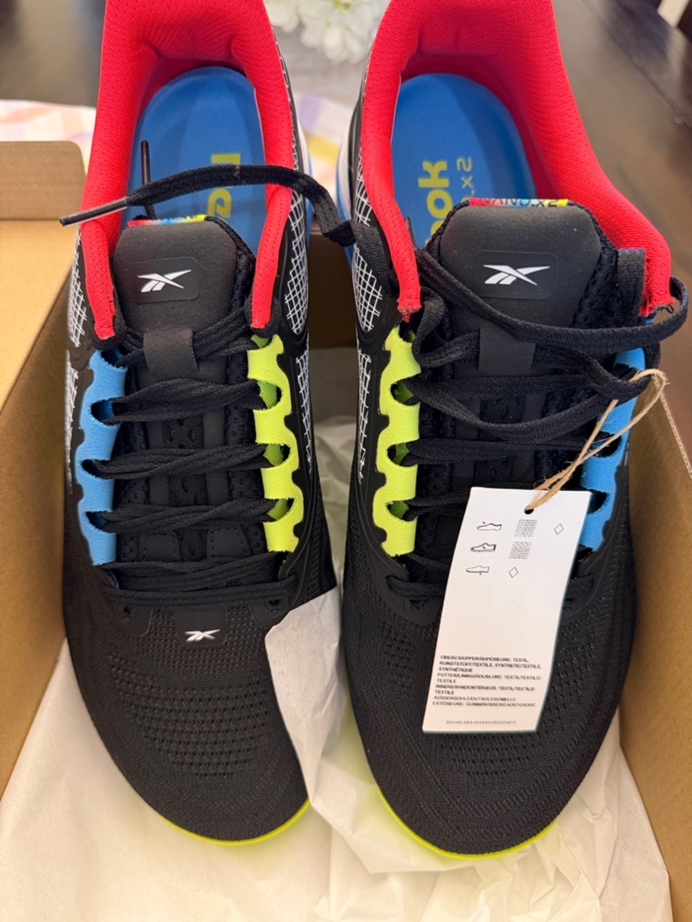 Reebok Nano X2 Black Sneakers with Neon Green, Bright Blue & Red Trim